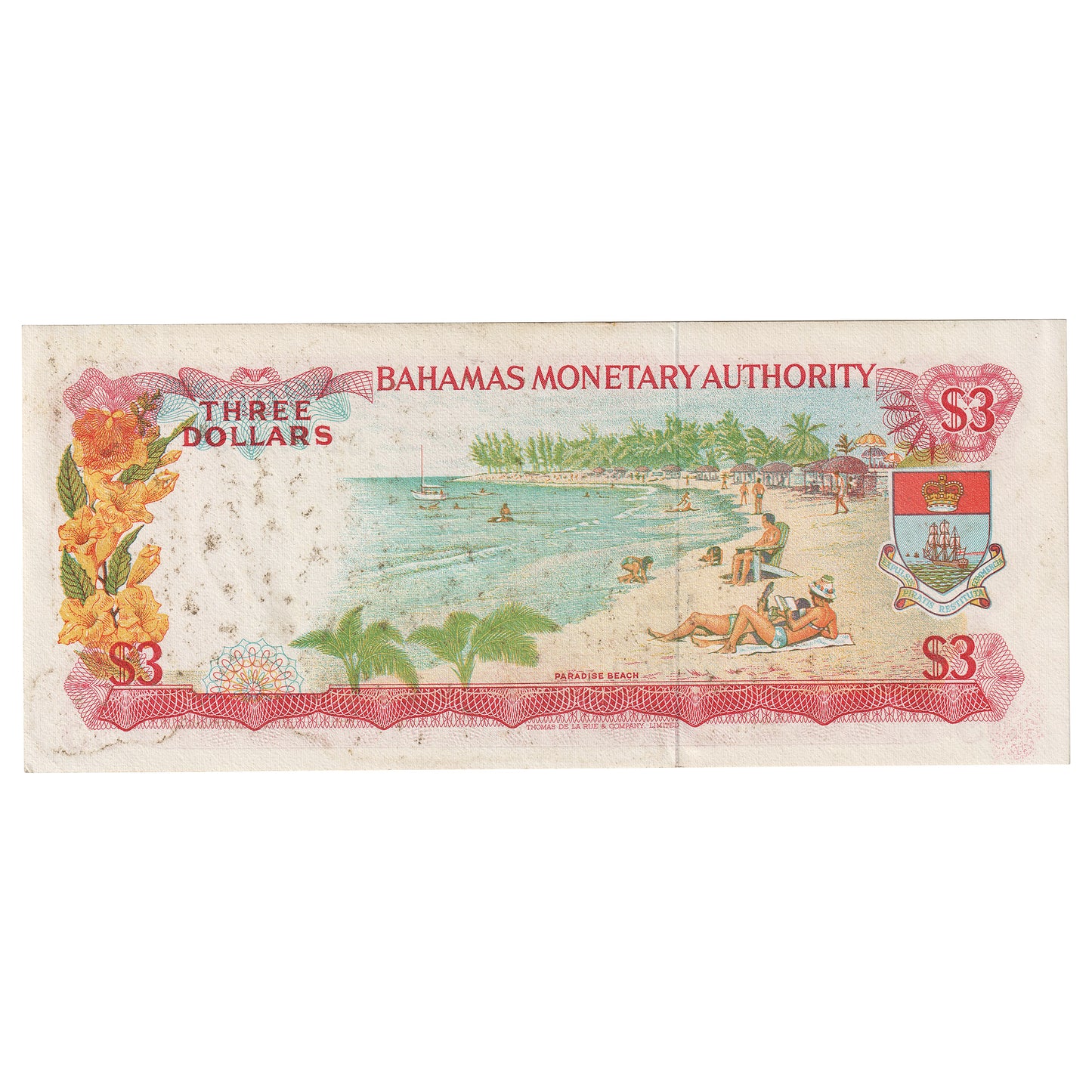 Bahamas 1968 3 Dollar Note, Pick #28a, AU (Stains)