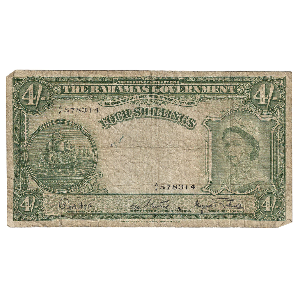 Bahamas 1953 4 Shillings Note, Pick #13d, VG-F (Damaged)