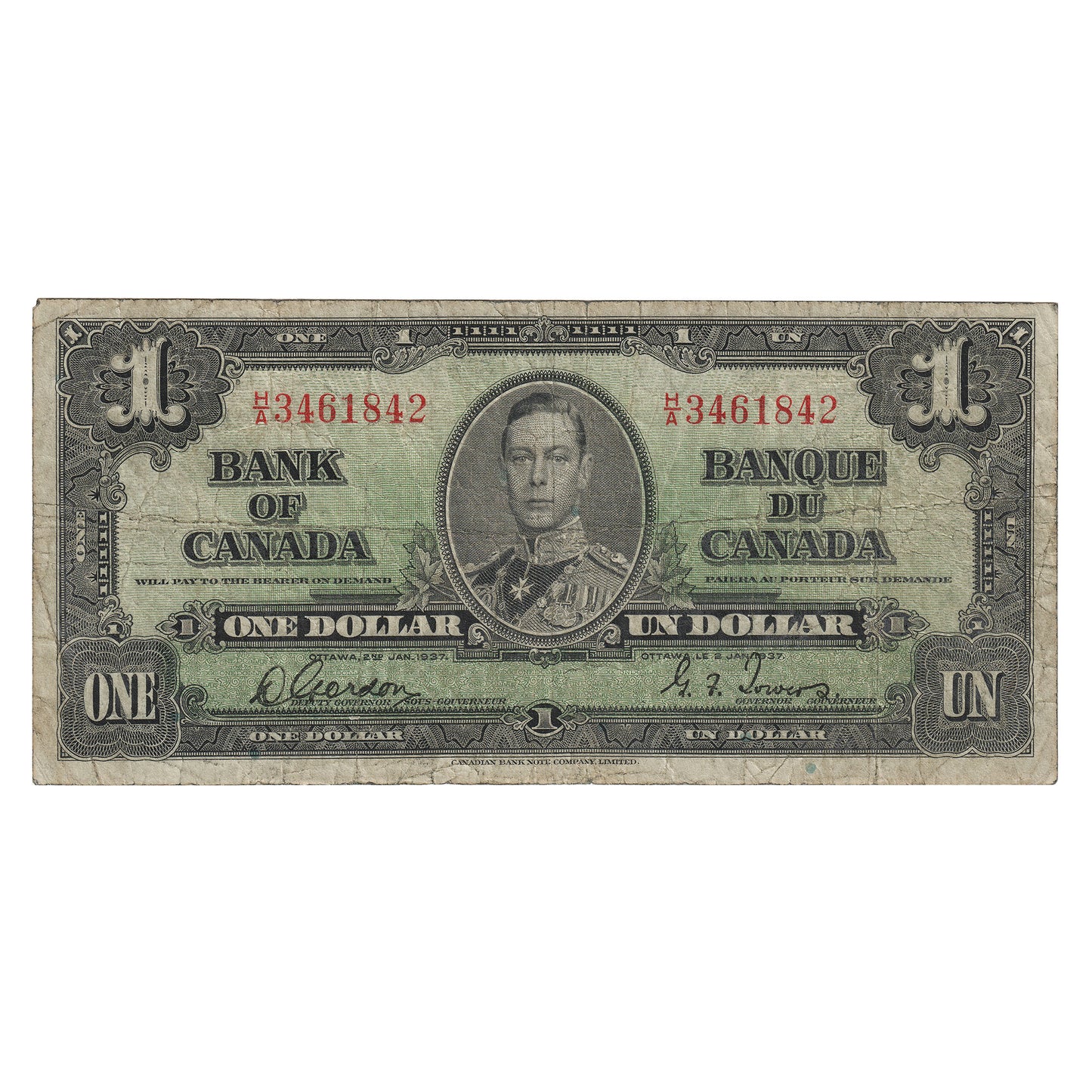 BC-21b Canada 1937 $1 Gordon-Towers, Narrow Panel, H/A