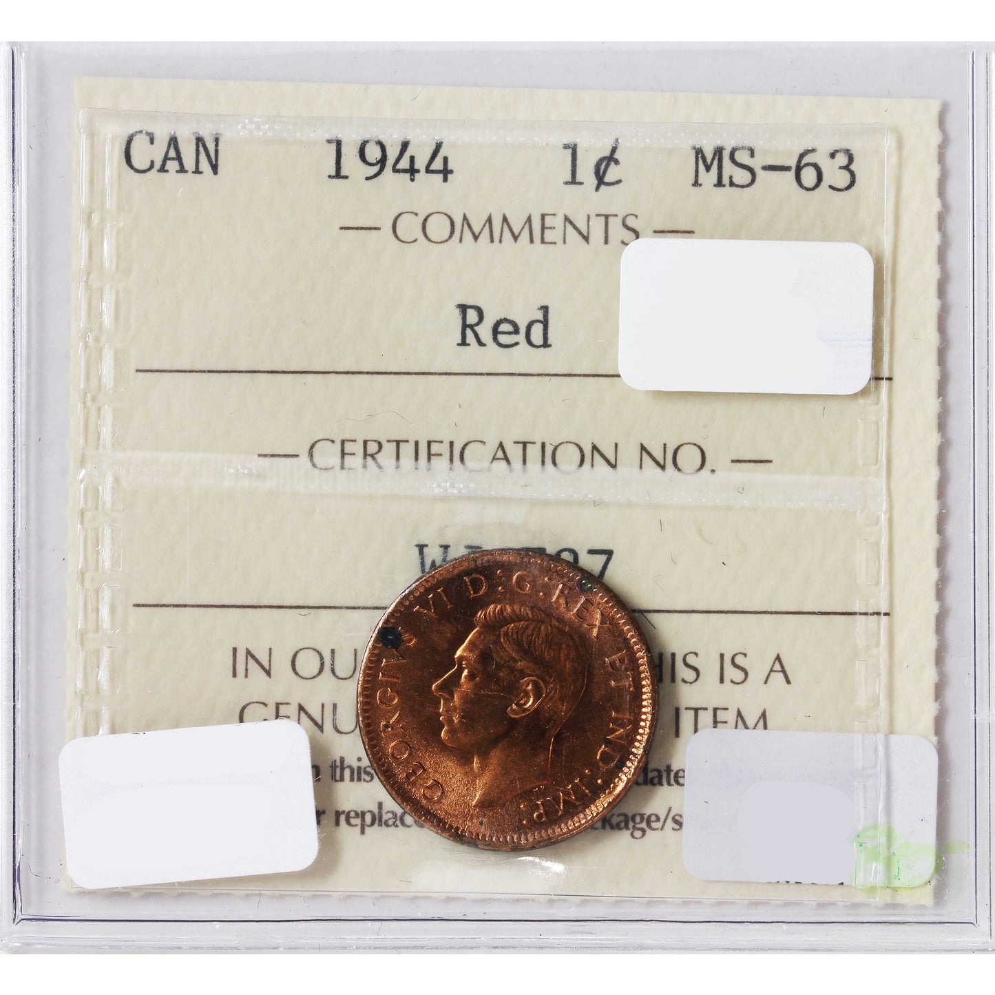 1944 Canada 1-cent ICCS Certified MS-63 Red