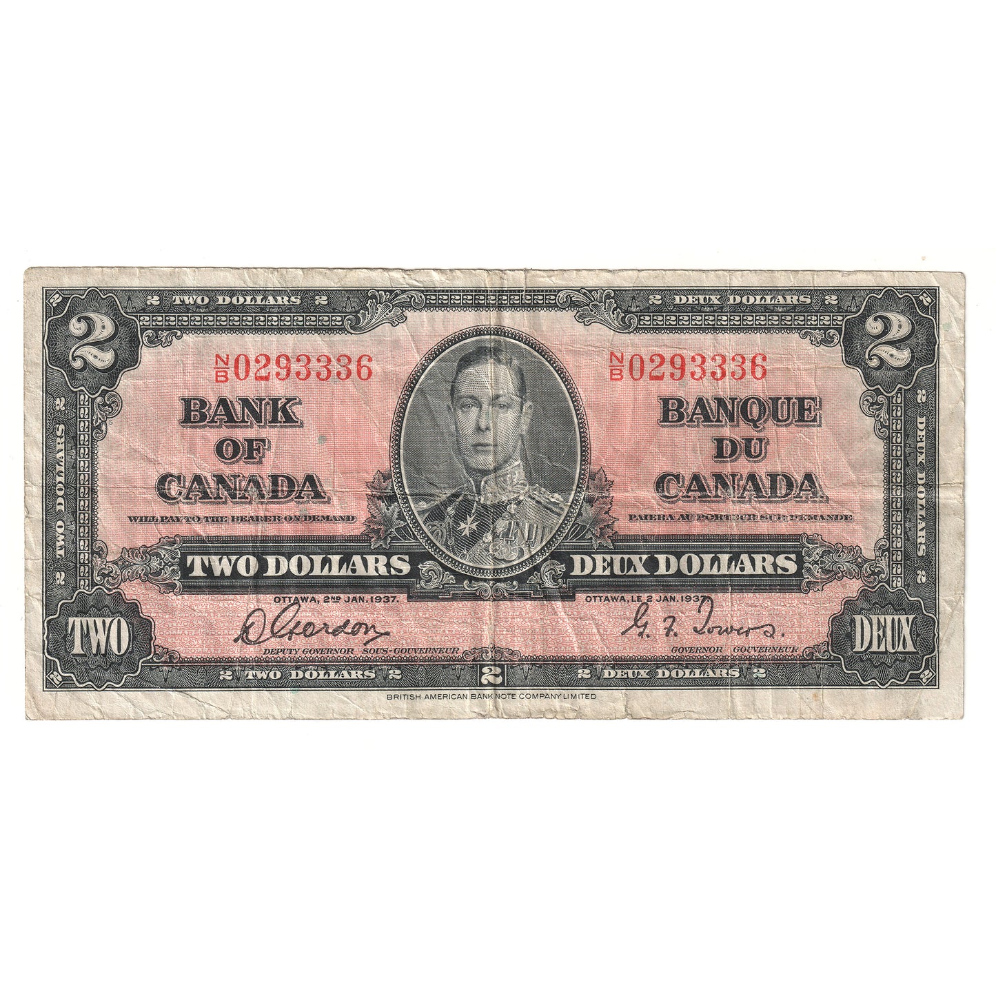 BC-22b 1937 Canada $2 Gordon-Towers, S/B, F (Holes)