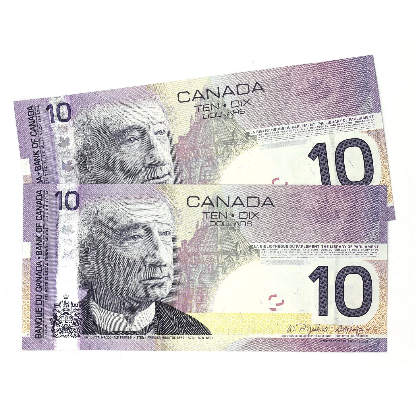 2x Sequential BC-68a 2005 Canada $10 Notes Jenkins-Dodge, BEV, CUNC, 2Pcs.