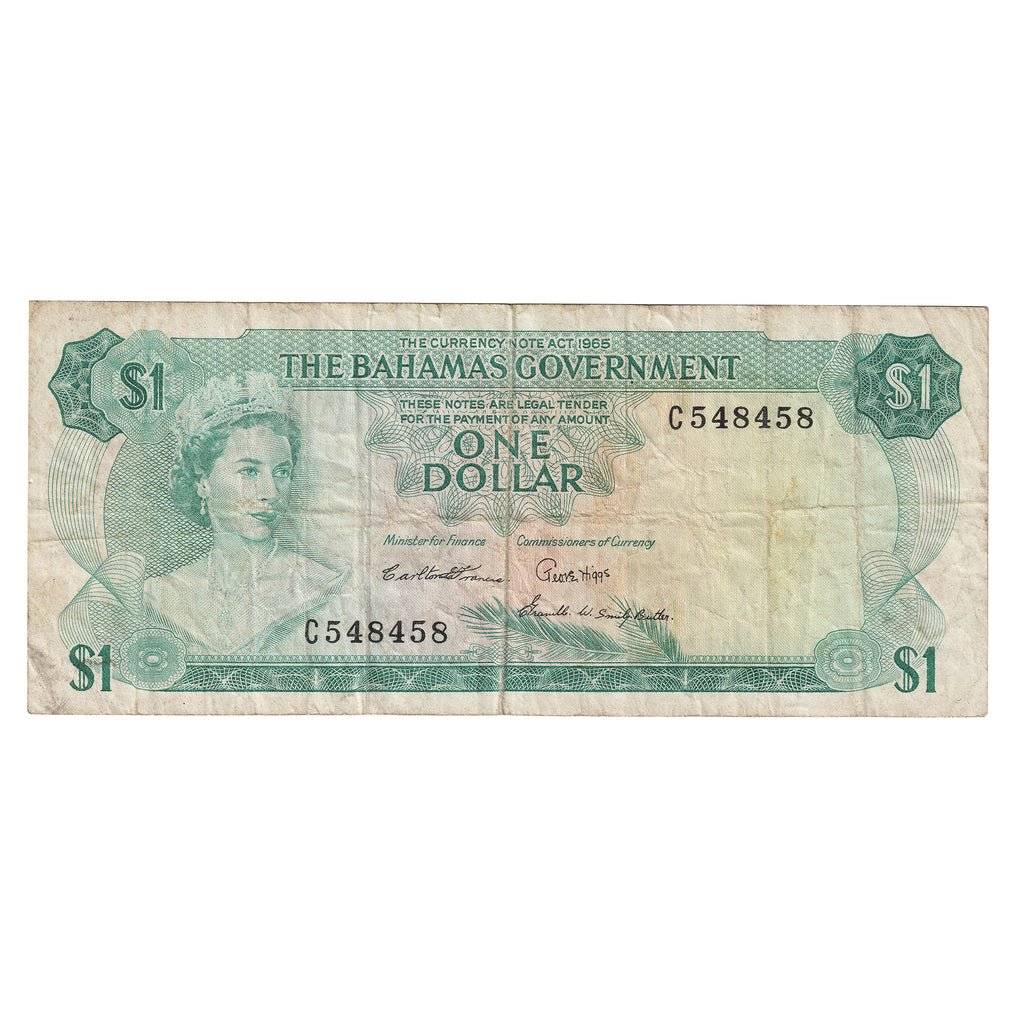 Bahamas 1965 1 Dollar Note, Pick #18b, 3 Signatures, VF (Tear)