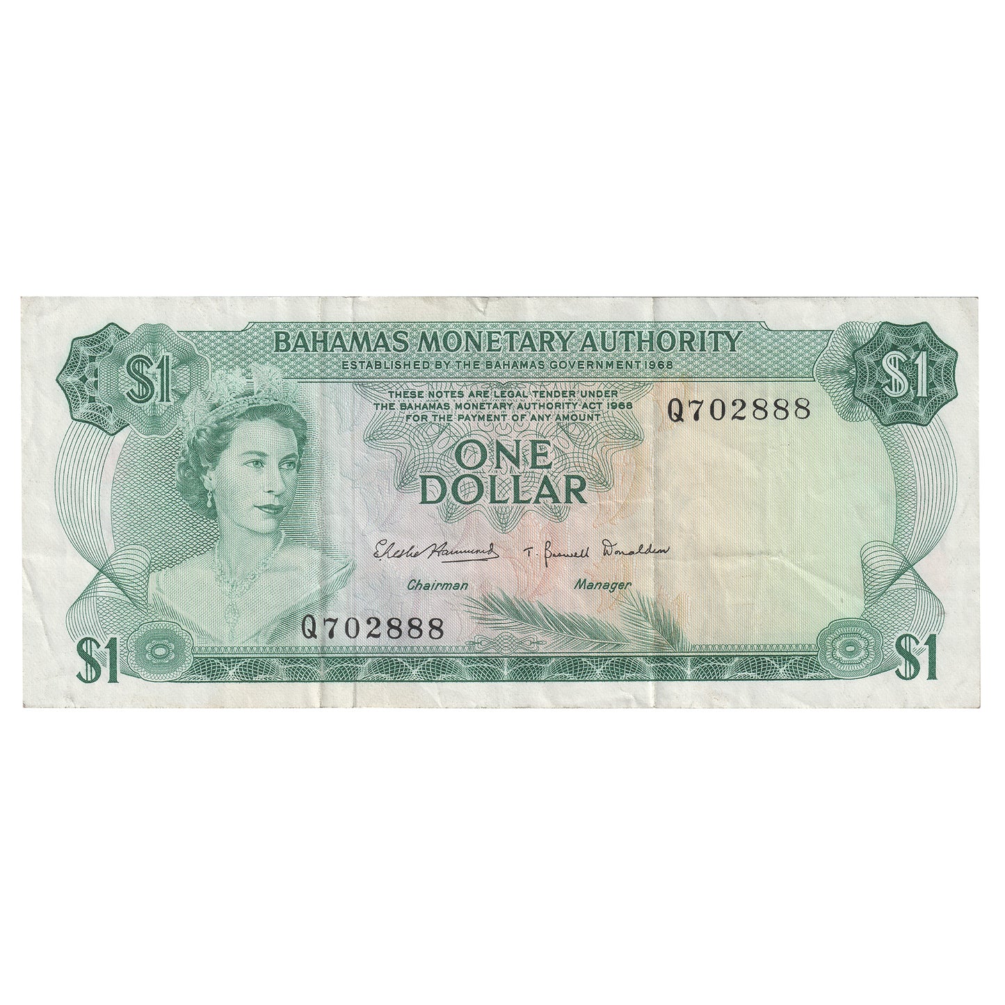 Bahamas 1968 1 Dollar Note, Pick #27a, VF (Tear)