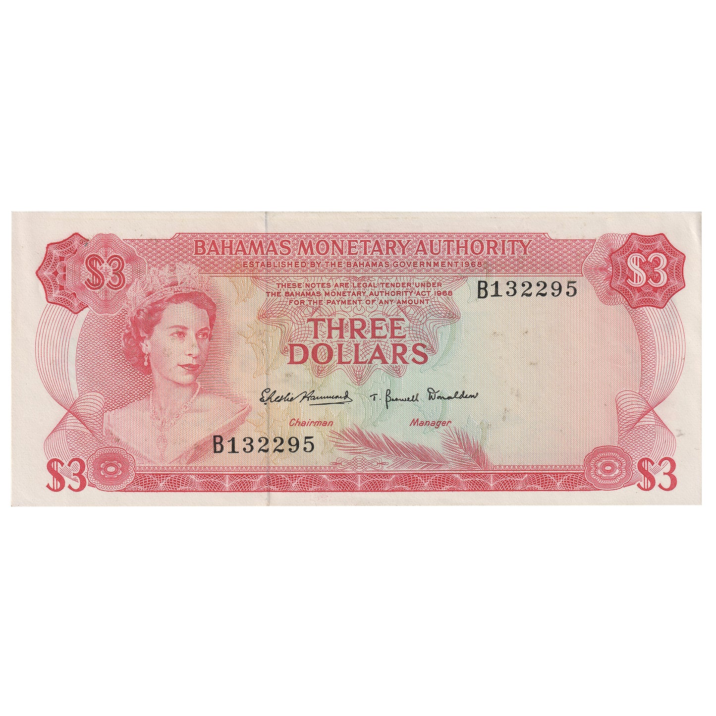 Bahamas 1968 3 Dollar Note, Pick #28a, AU (Stains)