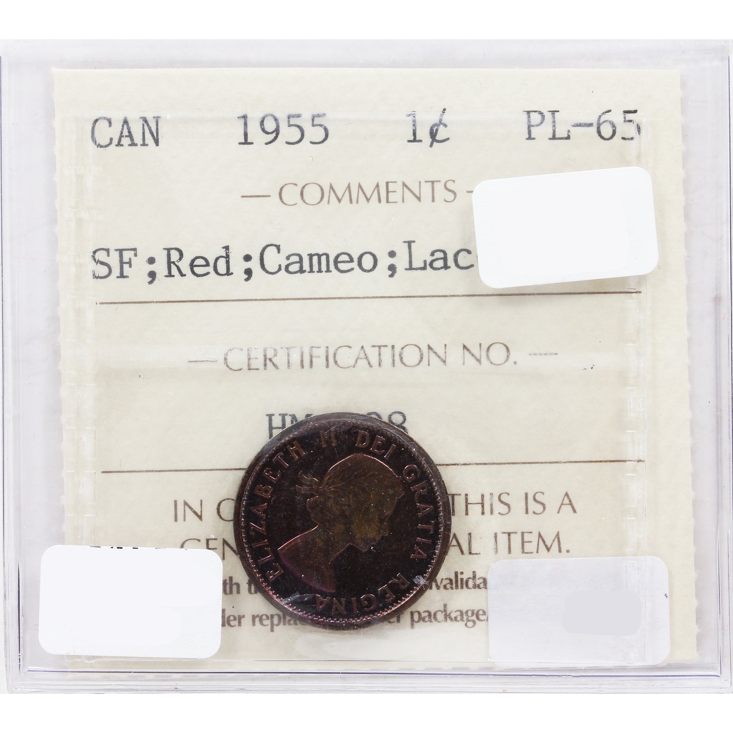 1955 SF Canada 1-cent ICCS Certified PL-65 Cameo, Lacquered