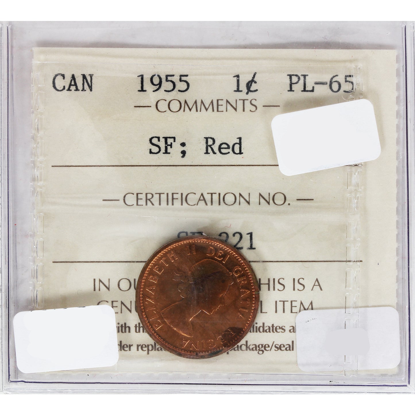 1955 SF Canada 1-cent ICCS Certified PL-65 Red