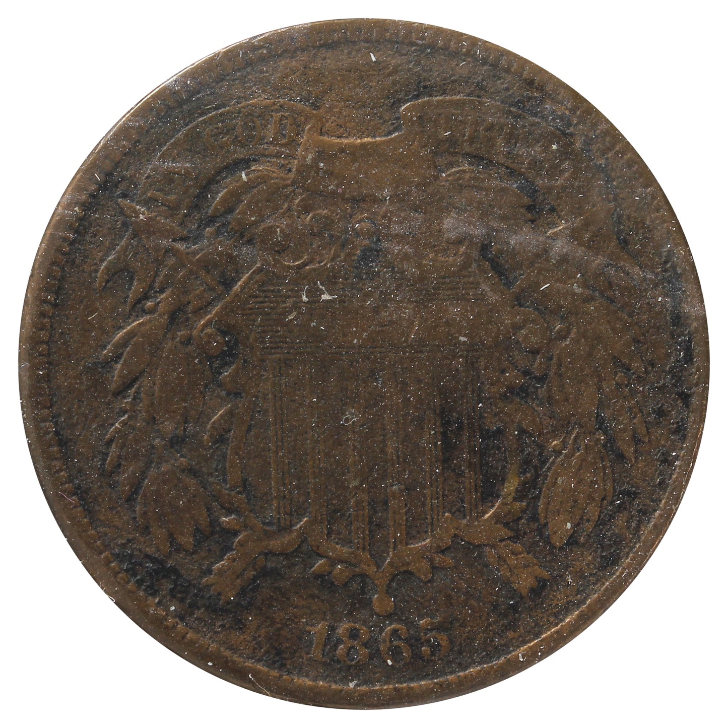 1865 USA 2 Cents F-VF (F-15) Scratched, Cleaned or Impaired.