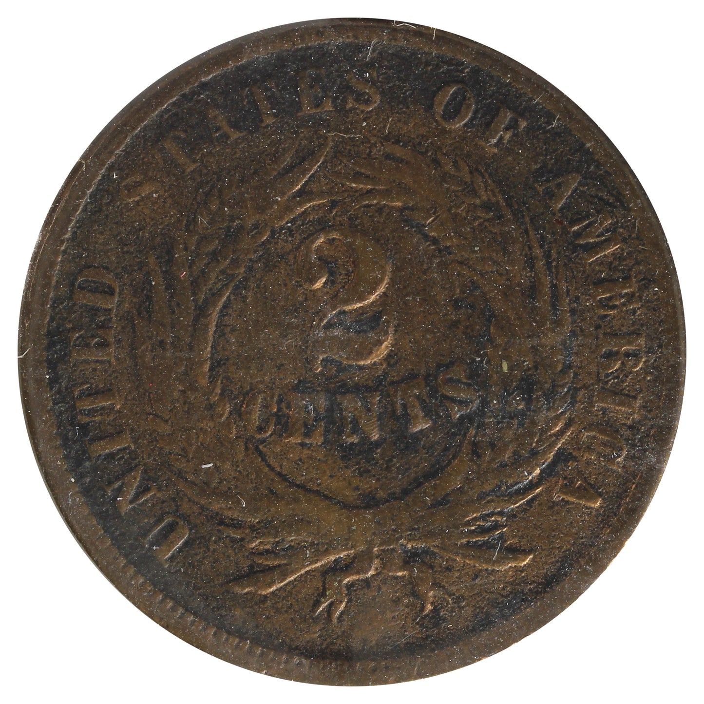 1865 USA 2 Cents F-VF (F-15) Scratched, Cleaned or Impaired.