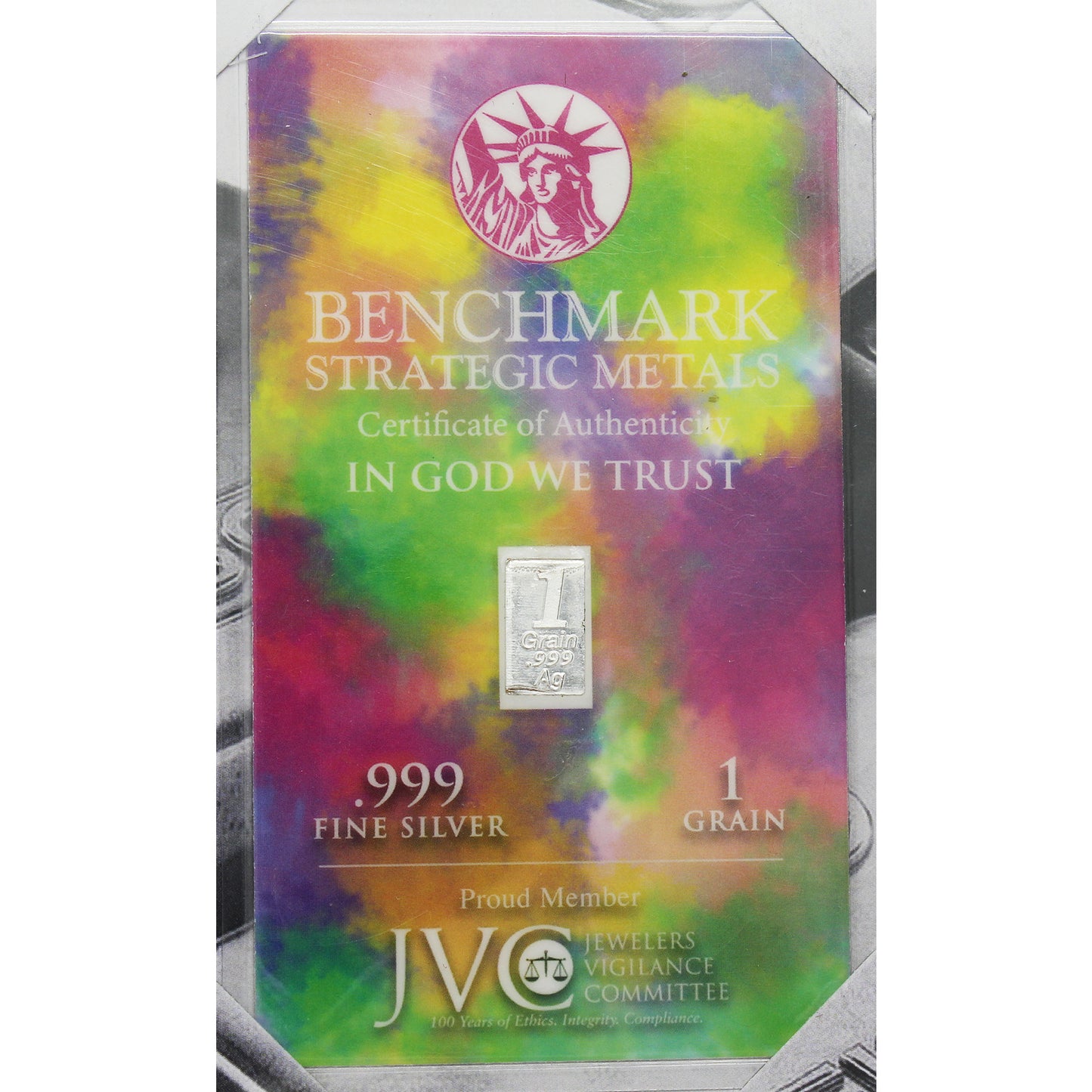 Benchmark Strategic Metals 1 Grain .999 Fine Silver w/Giclee Art Card Display