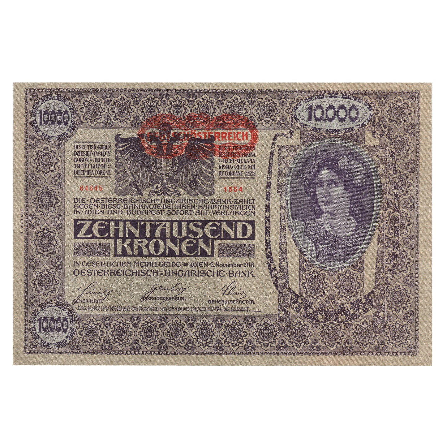 Austria 1918 (1919) 10,000 Kronen Large Size Note, Pick#66, UNC