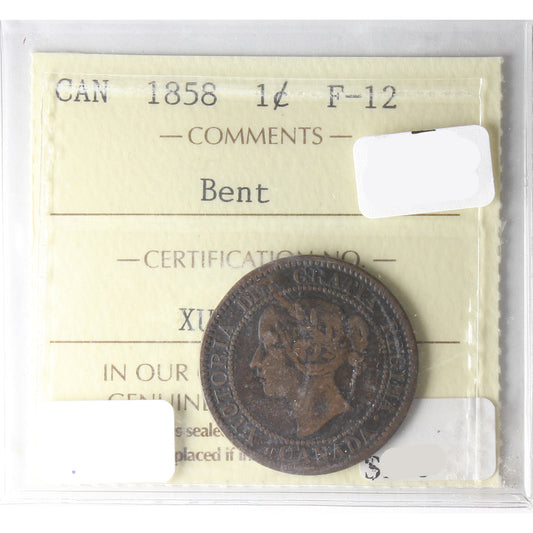 1858 Canada 1-Cent ICCS Certified F-12 (Bent)