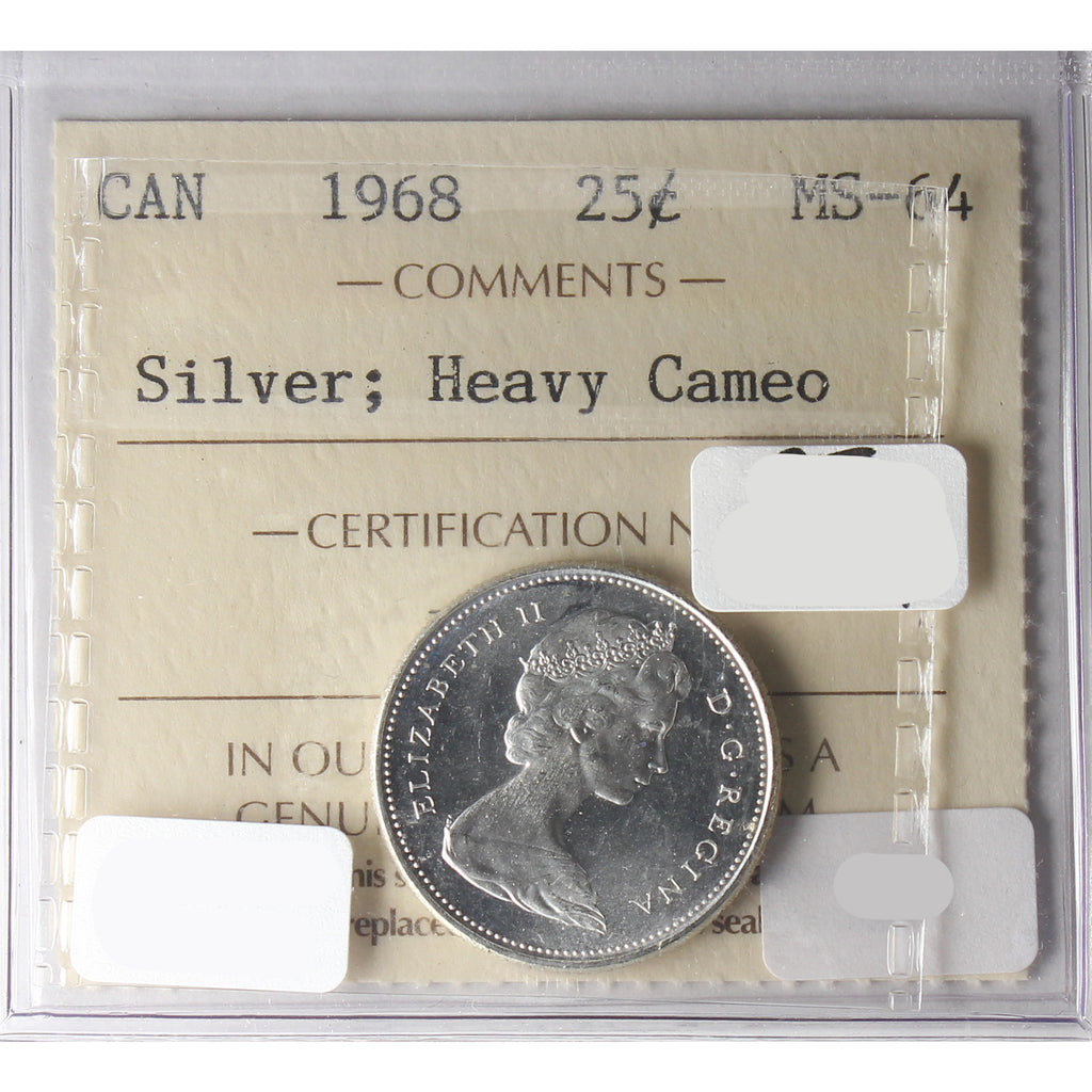 1968 Canada 25-Cents ICCS Certified MS-64 Heavy Cameo