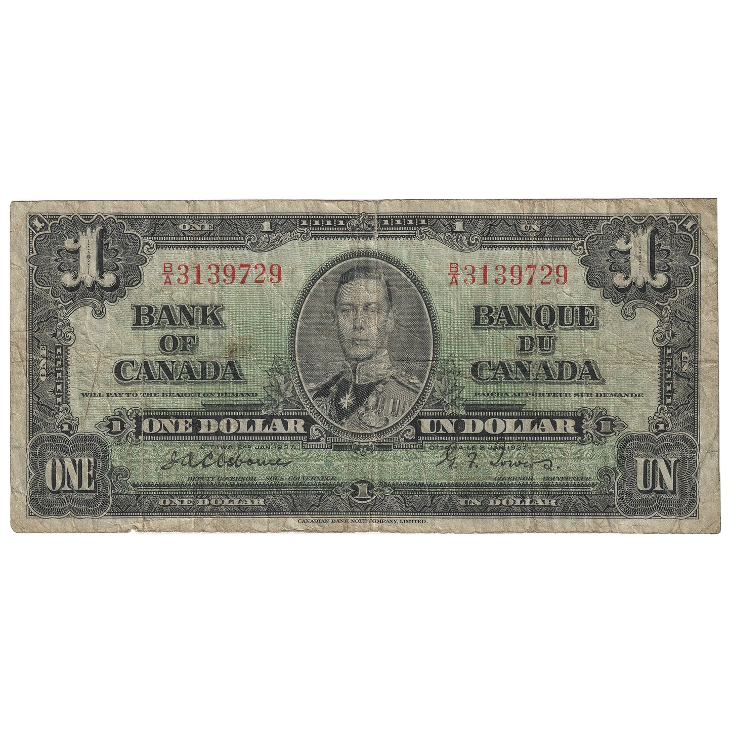 BC-21a 1937 Canada $1 Osborne-Towers, B/A, VG-F (Tear)