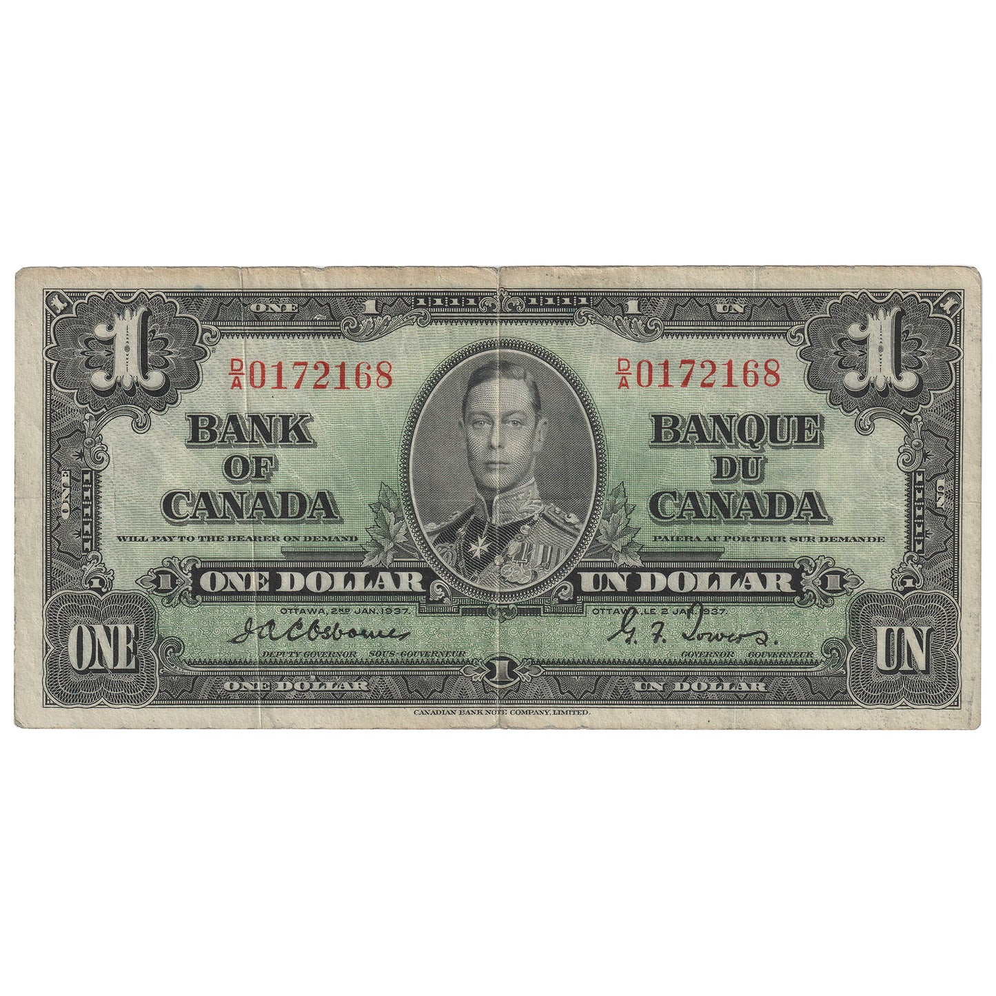 BC-21a 1937 Canada $1 Osborne-Towers, D/A, VF (Dam'g)