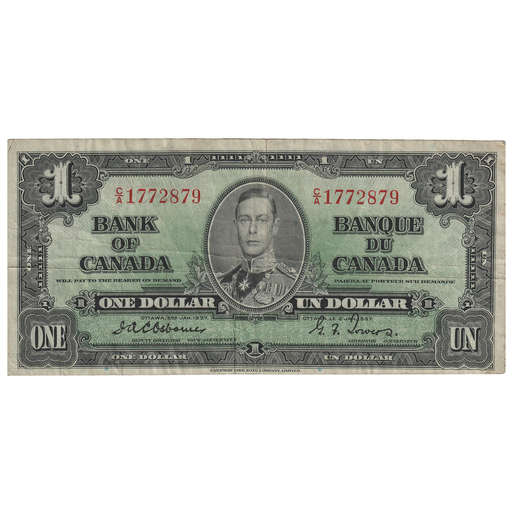 BC-21a 1937 Canada $1 Osborne-Towers, C/A, VF (Holes)