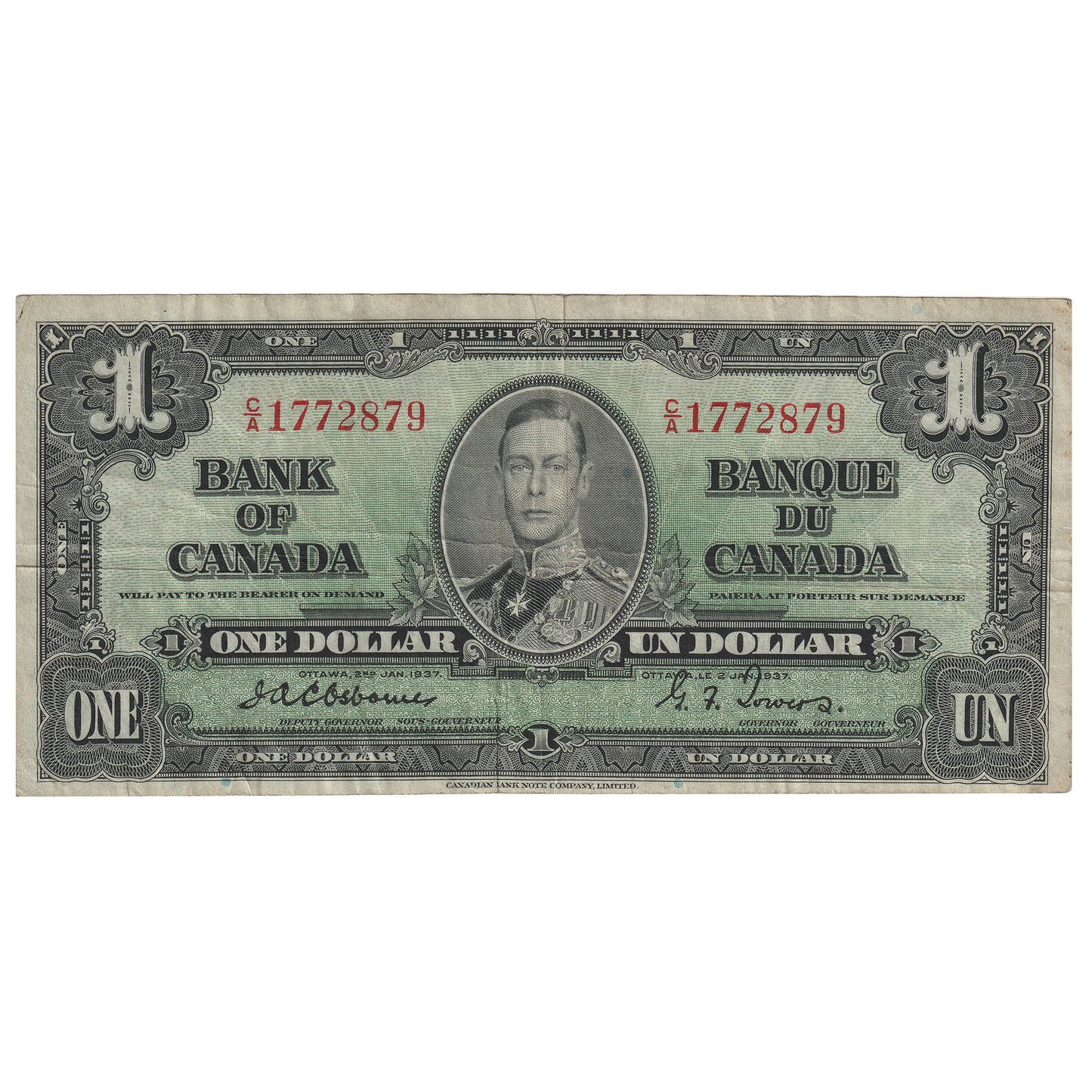 BC-21a 1937 Canada $1 Osborne-Towers, C/A, VF (Holes)