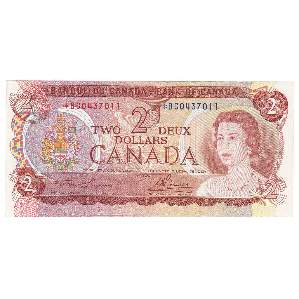 BC-47aA 1974 Canada $2 Lawson-Bouey, Replacement, *BC, UNC (Tear)