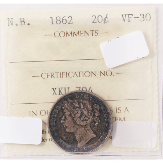 1862 New Brunswick 20-Cents ICCS Certified VF-30