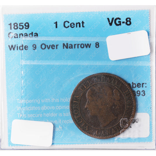 1859 Wide 9 Over Narrow 8 Canada 1-Cent CCCS Certified VG-8