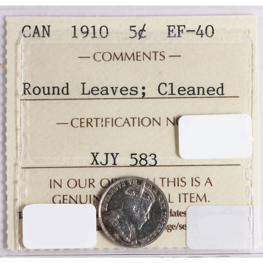 1910 Round Leaves Canada 5-Cents ICCS Certified EF-40 (Cleaned)