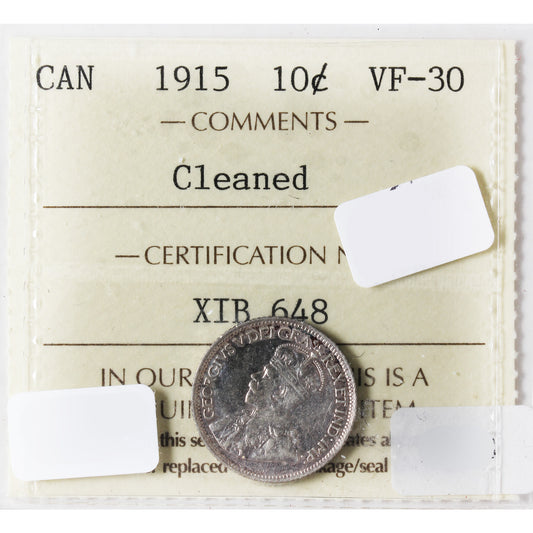 1915 Canada 10-Cents ICCS Certified VF-30 (Cleaned)