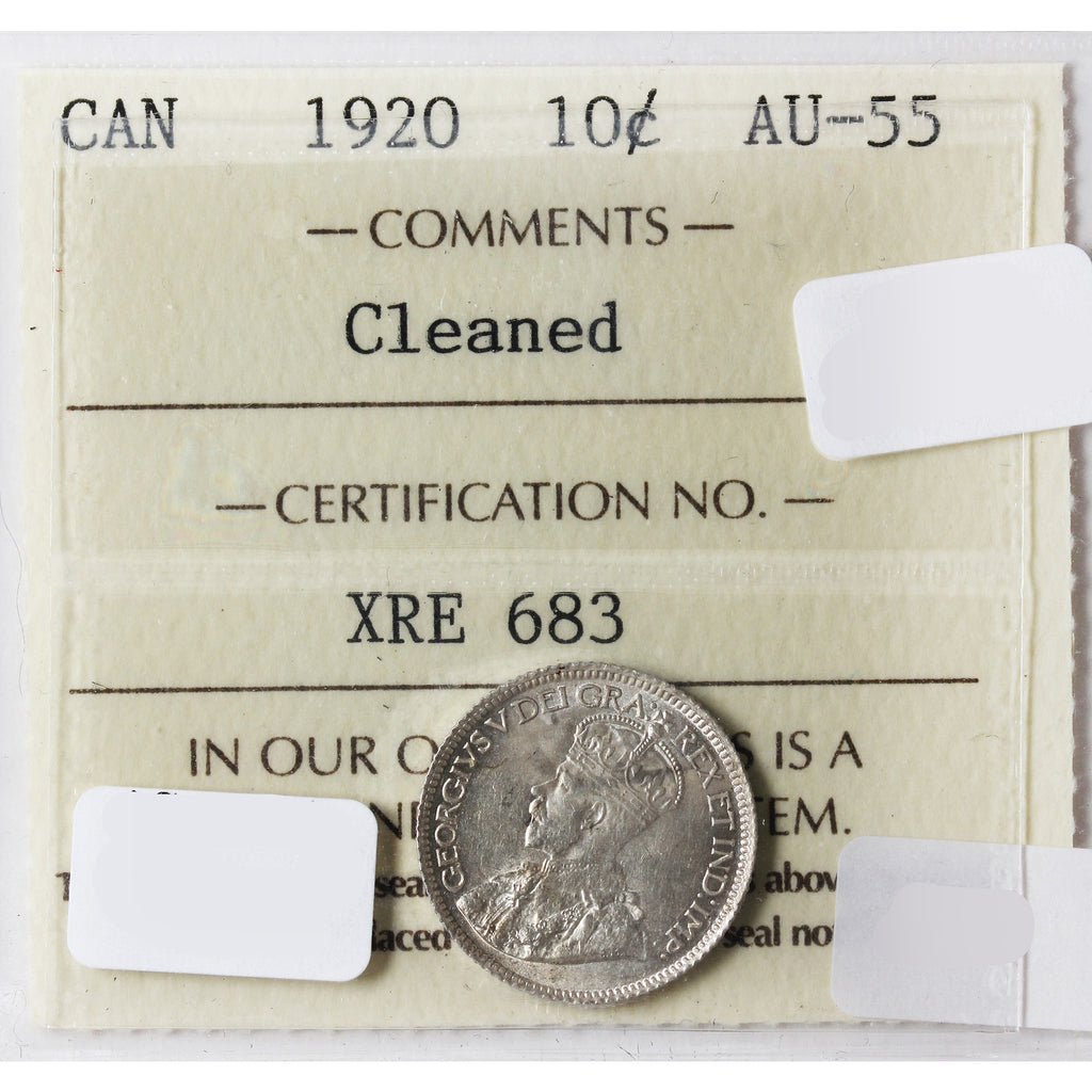 1920 Canada 10-Cents ICCS Certified AU-55 (Cleaned)