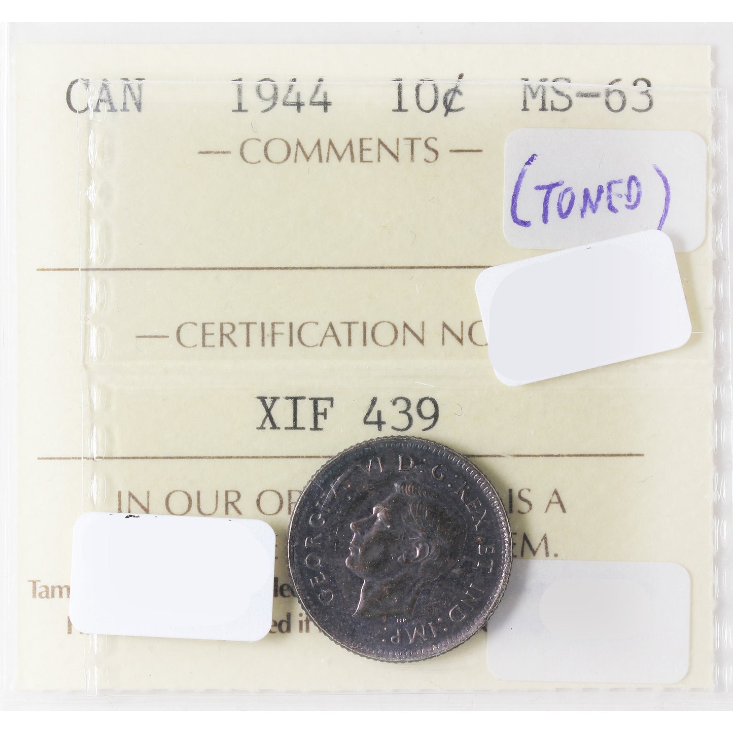 1944 Canada 10-Cents ICCS Certified MS-63 (Toned)