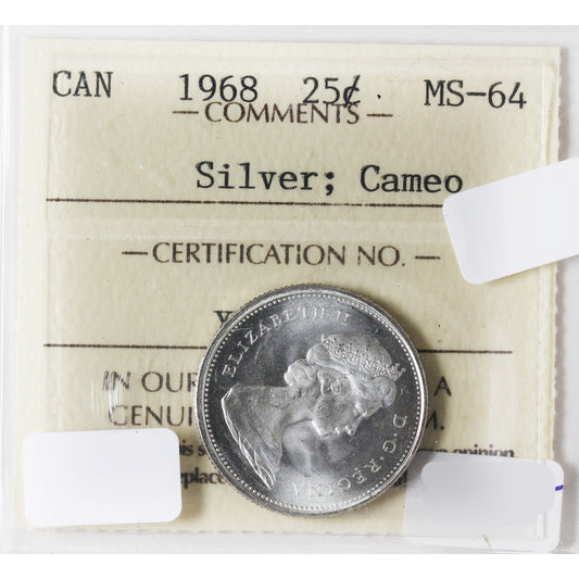 1968 Silver Canada 25-Cents ICCS Certified MS-64 Cameo