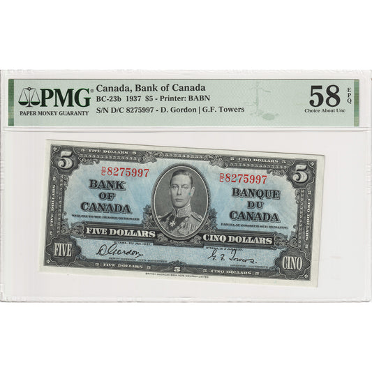 BC-23b 1937 Canada $5 Gordon-Towers, D/C, PMG Cert. Choice About UNC-58, EPQ