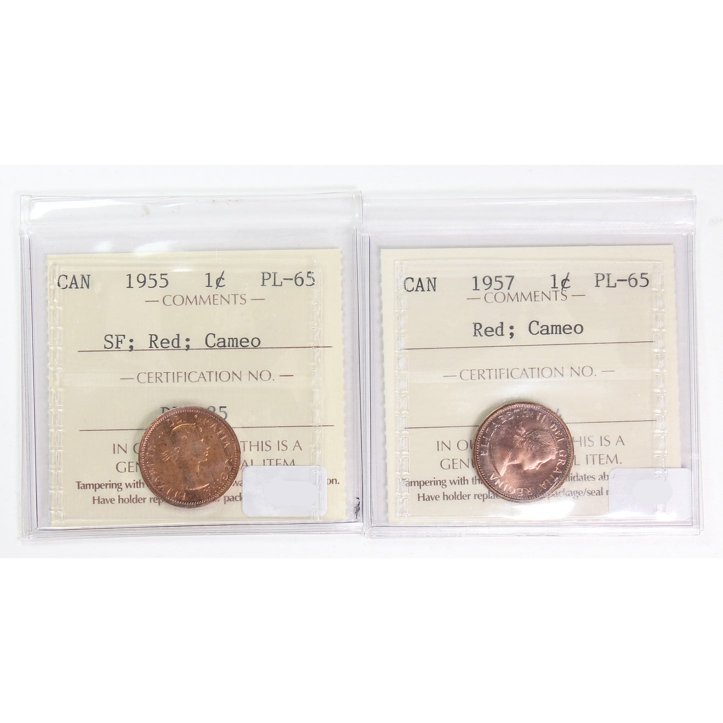 Pair of 1955-1957 Canada 1-Cent ICCS Certified PL-65, 2Pcs.