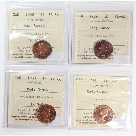 Lot of 4x 1958-1963 Canada 1-Cent ICCS Certified PL-66 Red Cameo, 4Pcs.