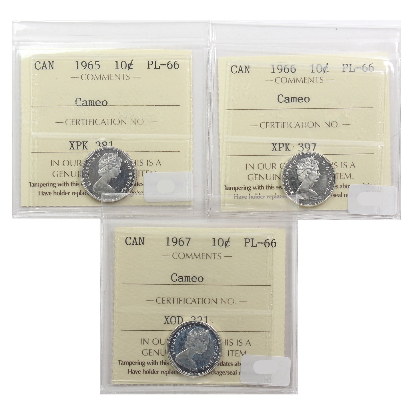 Lot of 3x 1965-1967 Canada 10-Cents ICCS Certified PL-66 Cameo, 3Pcs.