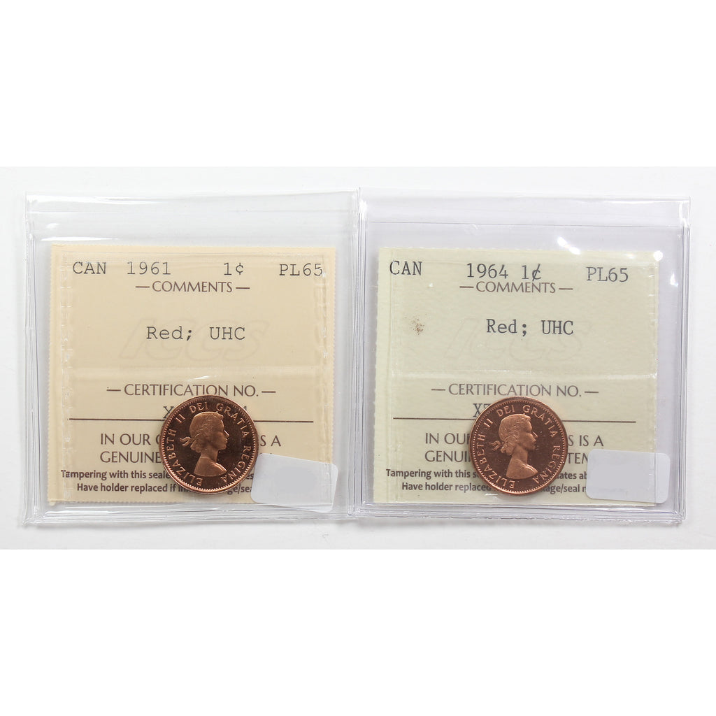 Pair of 1961 & 1964 Canada 1-Cent ICCS Certified PL-65 Red; UHC, 2Pcs.