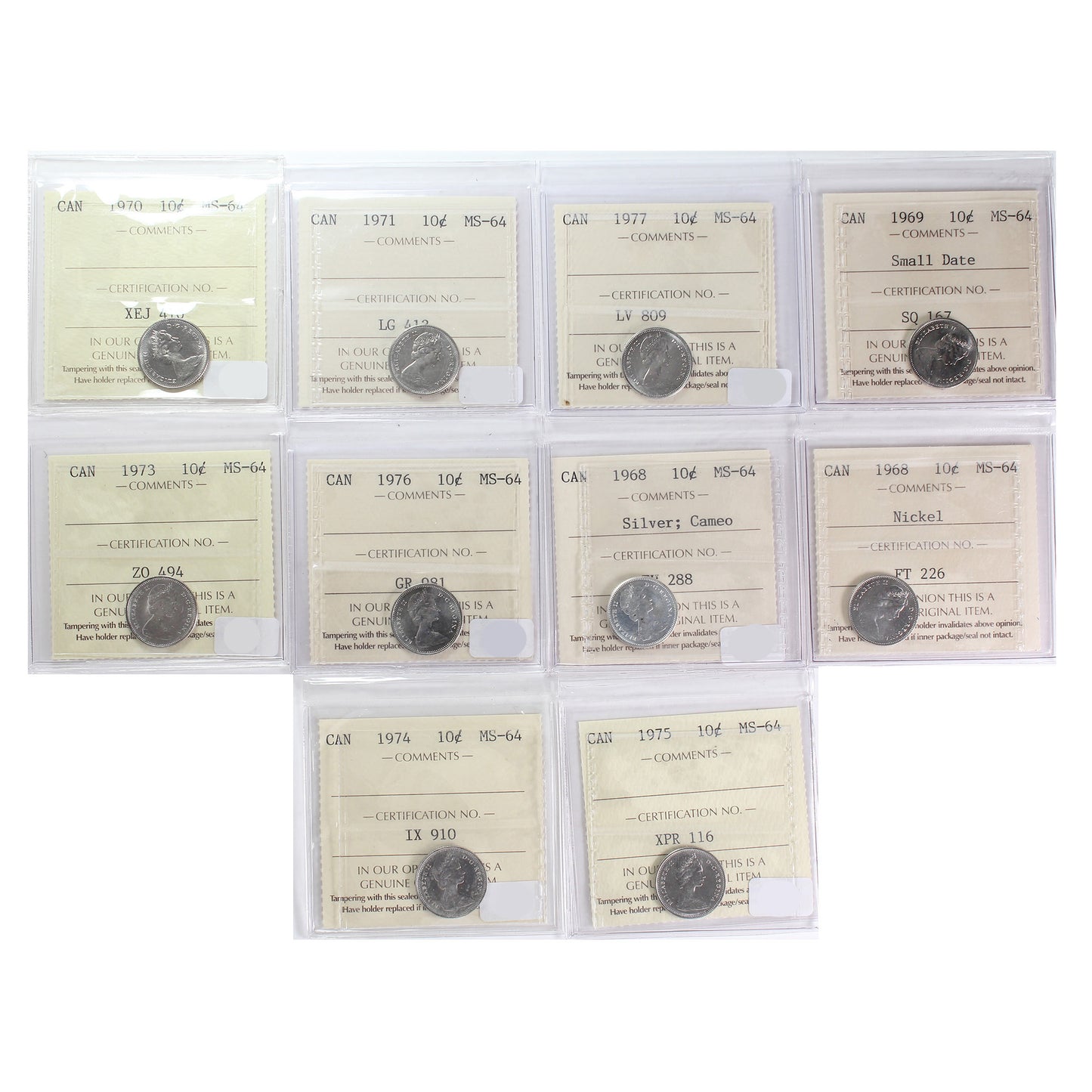 Lot of 10x 1968-1977 Canada 10-Cents ICCS Certified MS-64, 10Pcs.