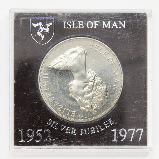 1977 Isle of Man One Crown Silver Jubilee Uncirculated Coin in Square Case (Impaired)