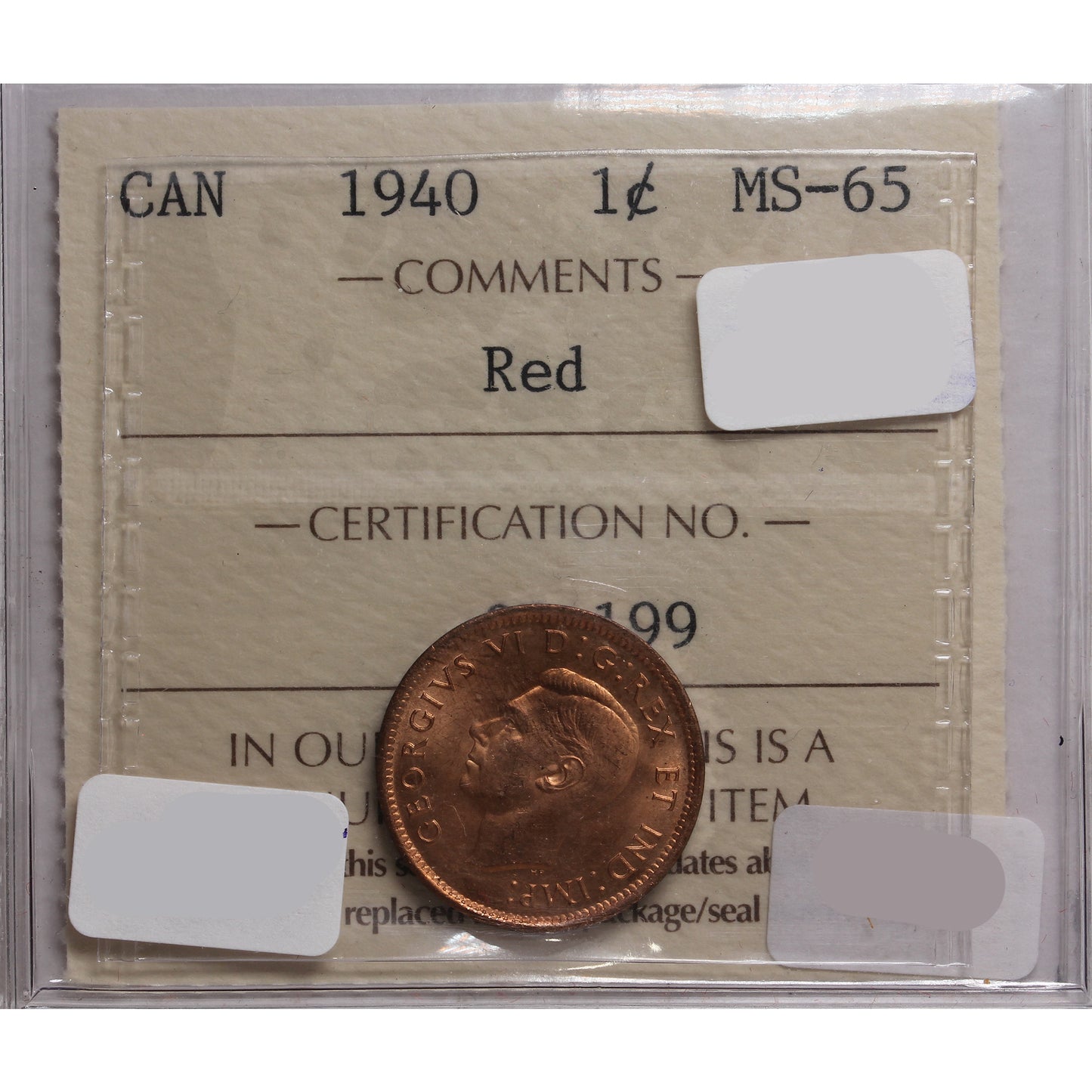 1940 Canada 1-cent ICCS Certified MS-65 Red