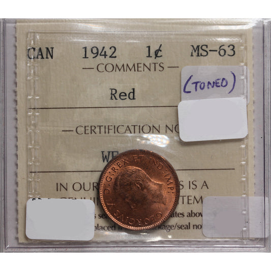 1942 Canada 1-cent ICCS Certified MS-63 Red (Toned)