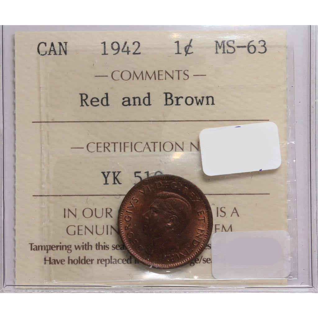 1942 Canada 1-cent ICCS Certified MS-63 Red and Brown