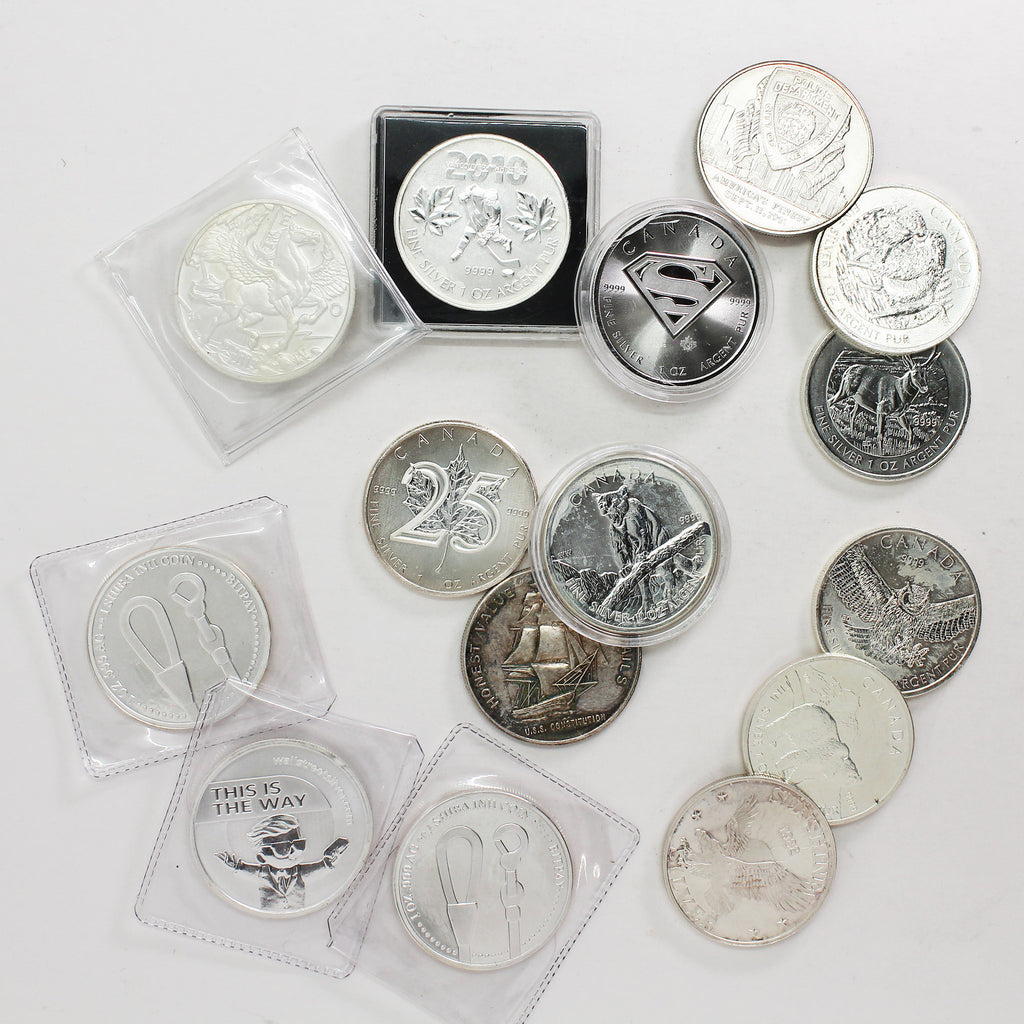 Lot of 15x Mixed 1oz Fine Silver Coins & Rounds (Impaired) No Tax