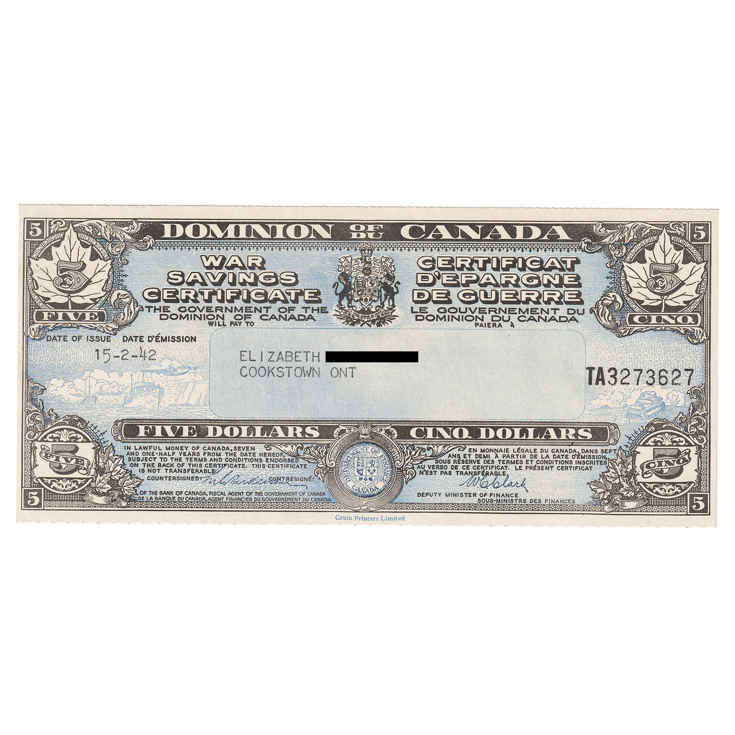 1942 Canada $5 War Savings Certificate