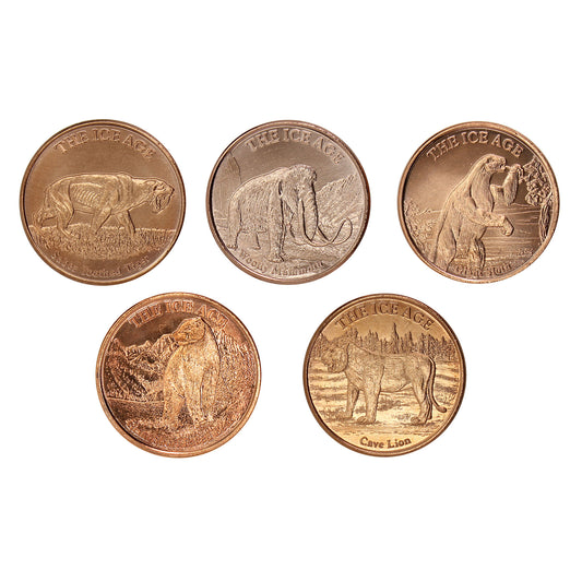 Lot of 5x Ice Age Themed 1oz. .999 Fine Copper Rounds, 5Pcs.