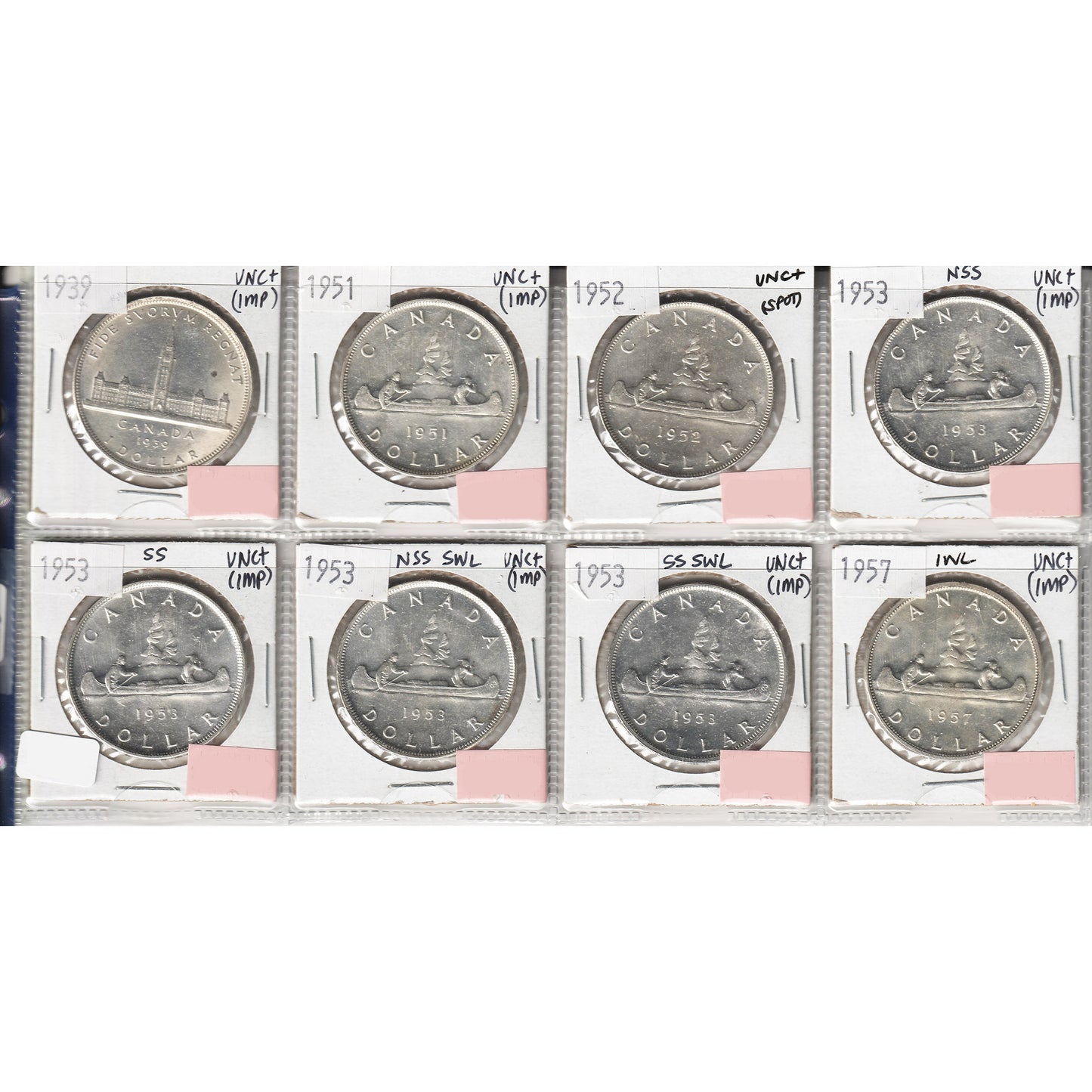 Lot of 8x 1939-1957 Canada Dollar, All UNC+, 8Pcs. (Impaired)