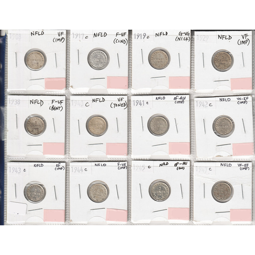 Lot of 12x 1908-1947 Newfoundland 5-cents, G-VG to EF-AU, 12Pcs. (Impaired)