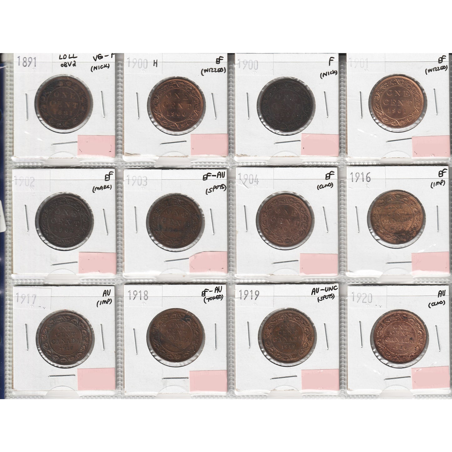 Lot of 12x 1891-1920 Canada 1-cents, VG-F to AU-UNC, 12Pcs. (Impaired)