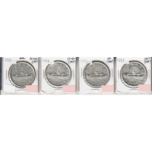 Lot of 4x 1951-1957 Canada Dollar, VF-EF to UNC+. 4Pcs. (Impaired)