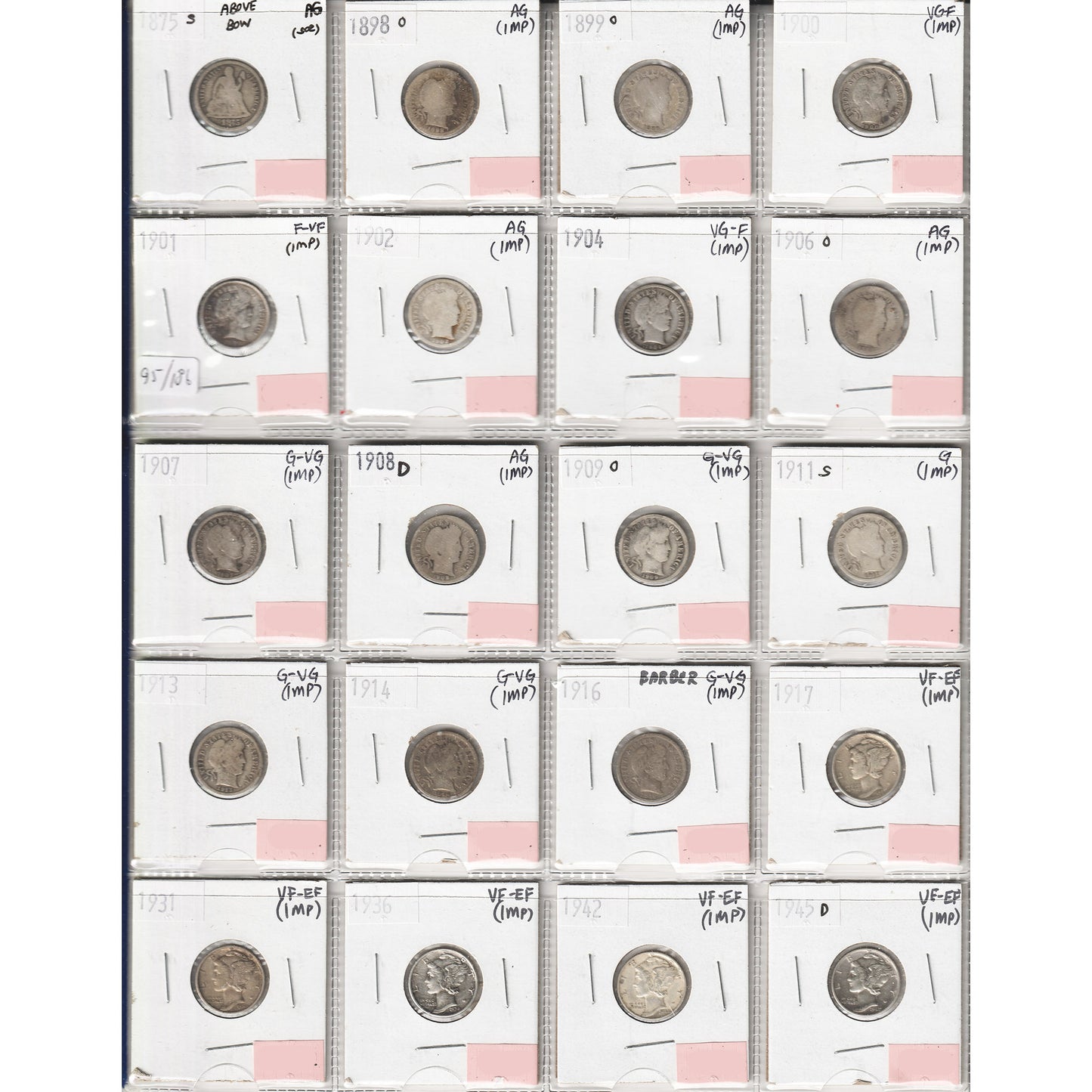 Lot of 20x 1875S-1945D USA Dime, AG to VF-EF, 20Pcs. (Impaired)