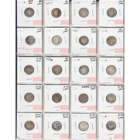 Lot of 20x 1875S-1945D USA Dime, AG to VF-EF, 20Pcs. (Impaired)