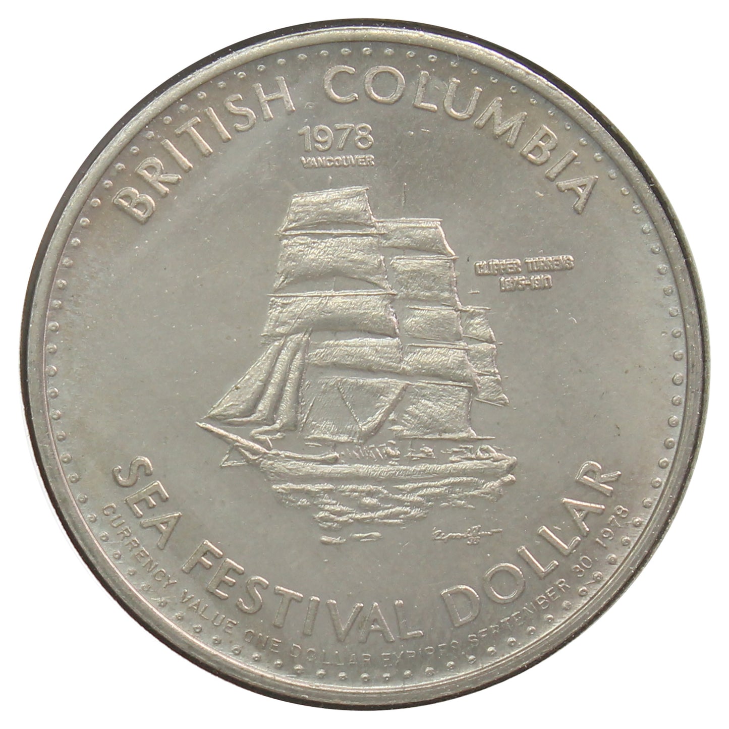 1978 British Columbia Clipper Torrens Ship Sea Festival Dollar Token