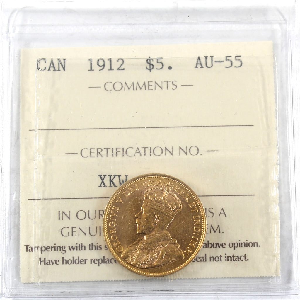 1912 Canada $5 Gold ICCS Certified AU-55